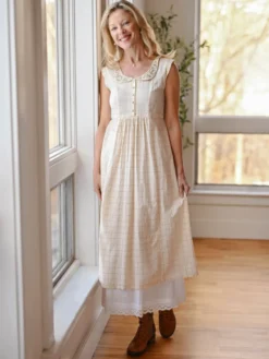 Chalet Check Tea Dress - Dark Ecru Sage