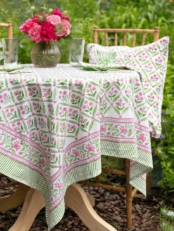 Gazebo Block Print Tablecloth - Pink Green